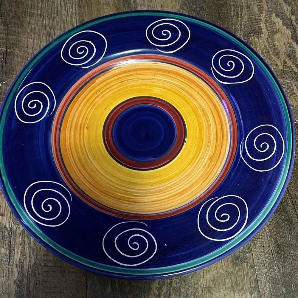 Pier 1 Italian Swirl Dinner Plate Hand Painted Cobalt Orange 11.5
